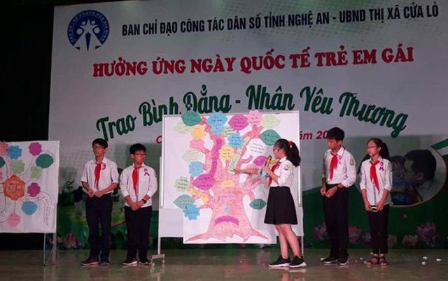 
Một tiết mục thuyết trình của các em học sinh Trường THCS Nghi Hương bày tỏ quan điểm của mình vê bình đẳng giới.
