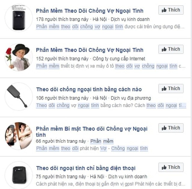 Hàng loạt các trang buôn bán phần mềm theo dõi, nghe lén công khai trên Facebook (ảnh chụp màn hình)