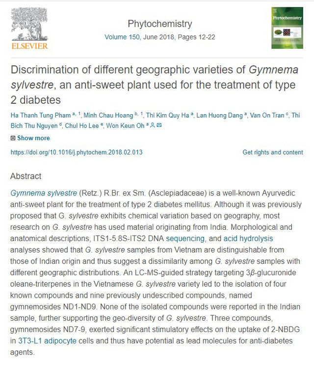 Nghiên cứu tìm ra 9 chất mới giúp hạ đường huyết trong dây thìa canh chuẩn hóa GACP-WHO đăng trên tạp chí Phytochemistry