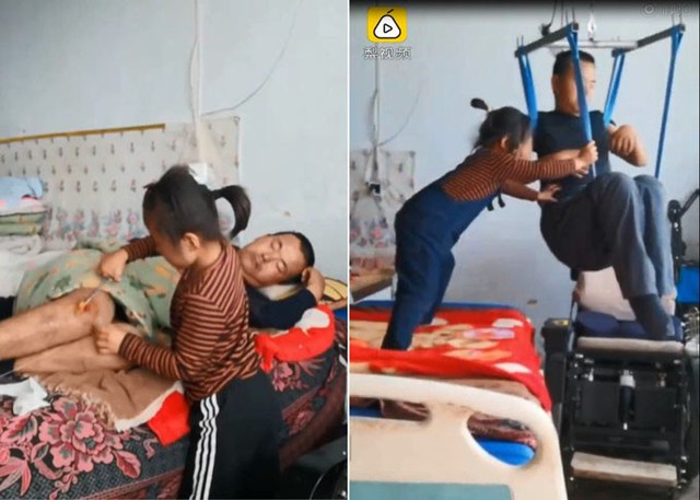 Có lúc Jiajia giống như một y tá riêng của cha mình.