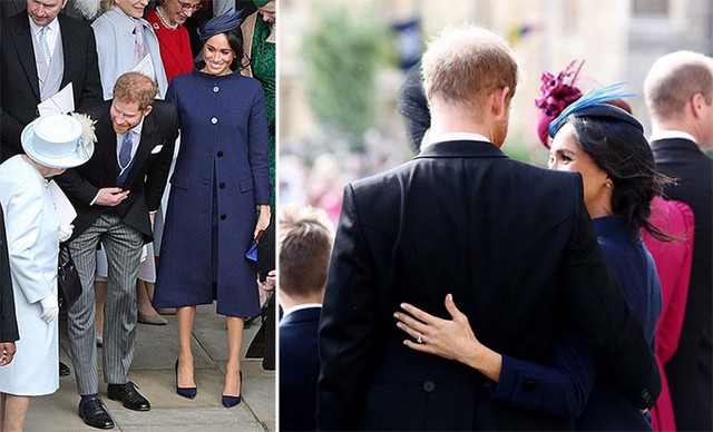 
Vợ chồng Harry - Meghan hào hứng tiếp chuyện Nữ hoàng và ôm lấy nhau sau khi rời nhà nguyện St. George, lâu đài Windsor hôm 12/10. Ảnh: UK Press.

