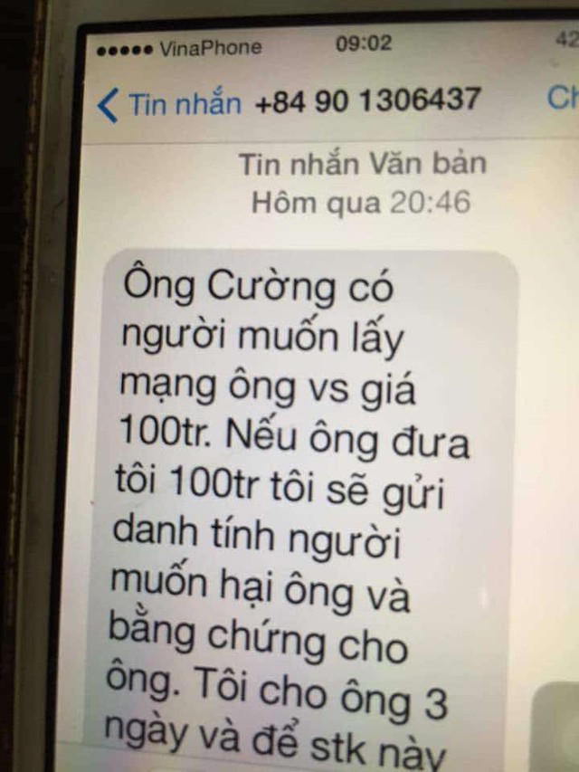 
Vào hồi 20h46 ngày 15/10, ông Hoàng Đức Cường nhận được một tin nhắn từ số điện thoại  84901306437 với nội dung nêu trên.
