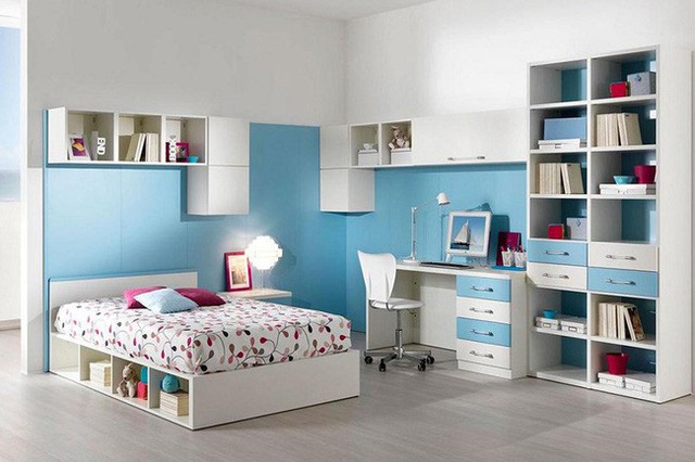 
2. Tone màu xanh - trắng vừa đủ để tạo nên sự xinh xắn, vừa hợp để trang trí cho phòng của trẻ. Bên cạnh cách bố trí phù hợp, sự đồng nhất về màu sắc nội thất cũng đem đến vẻ đẹp dễ chịu cho căn phòng.
