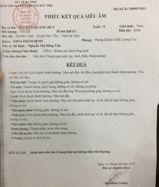 Kết quả siêu âm của Bệnh viện Đa khoa huyện Đức Thọ vào ngày 14/8/2018