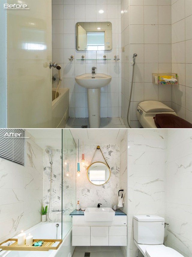 
Nhà tắm cũ kỹ đúng phong cách những năm 1980 được đổi mới hoàn toàn bằng nội thất hiện đại. Kiến trúc sư cho lắp tấm kính cạnh bồn tắm để giữ khu vực còn lại luôn khô ráo; thay thế bồn rửa cũ bằng bệ mới có kết hợp chậu rửa và mặt bàn đặt mỹ phẩm.
