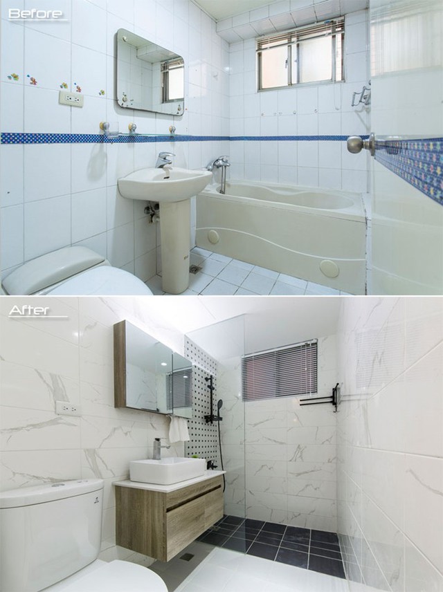 
Bồn tắm trong khu vệ sinh dành cho khách được phá bỏ, thay vào đó là vòi hoa sen, phía dưới lát gạch tối màu. Chiếc bồn rửa mới cũng được lắp đặt để thay thế cho chiếc cũ, có kiểu dáng hiện đại và tiện ích hơn.
