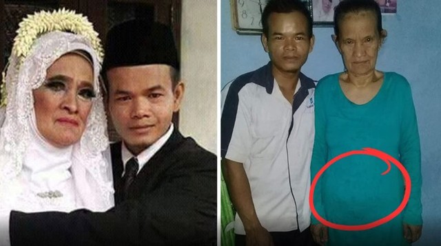 Bà Manih bên chồng trẻ kém 50 tuổi trong ngày cưới năm ngoái (trái) và hiện tại (phải). Ảnh: The Coverage.
