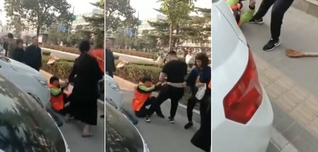 Nữ lao công Yao Xiang bị cặp vợ chồng đánh trên đường phố Nhữ Châu, tỉnh Hà Nam. Ảnh: Pear Video.