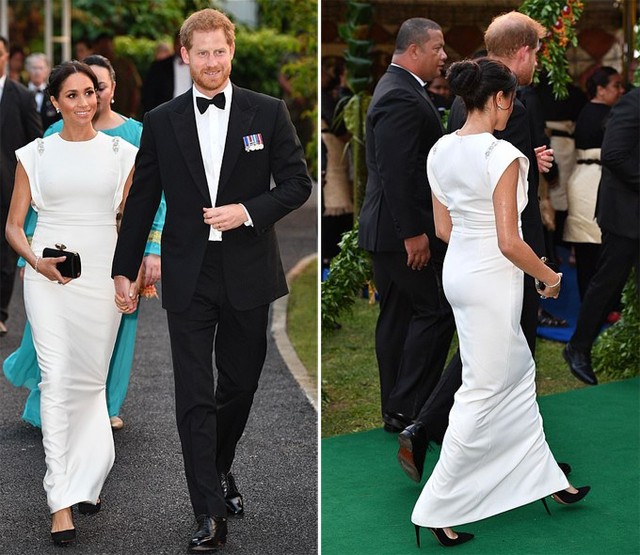 Meghan mặc váy của Theia Couture sánh vai chồng đến dự tiệc tối của nhà vua Tonga. Ảnh: Tim Rooke.