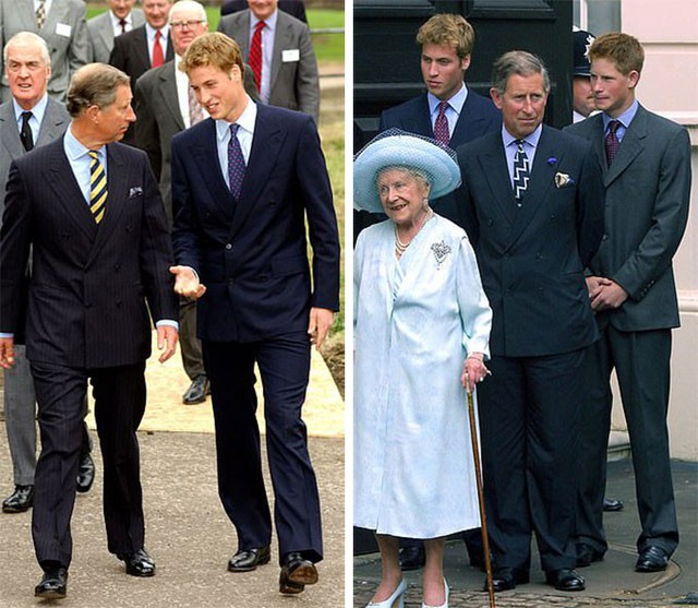 Hoàng tử William và Thái tử Charles ở Galsgow (trái) và Thái tử Charles cùng hai con trai ở London (phải) năm 2001. Ảnh: UK Press.