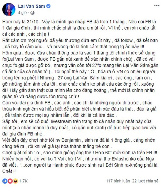 MC Lại Văn Sâm chia sẻ việc vẫn còn 27 FB giả mạo