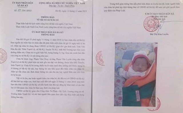 Thông báo tìm người thân cho bé gái sơ sinh bị bỏ rơi của UBND xã Hà Kỳ. Ảnh: Mạnh Cường