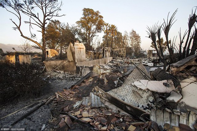Cảnh tan hoang ở Westlake Village, California, sau khi ngọn lửa quét qua hôm 11/11. Ảnh: Backgrid.