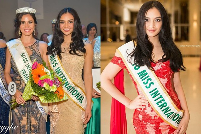 Vì vương miện giá trị lớn, Miss International 2016 - Kylie Verzosa cũng hiếm khi được đội dù cô sang Pháp (trái) và Paraguay (phải) trao giải cho hoa hậu nước bạn.