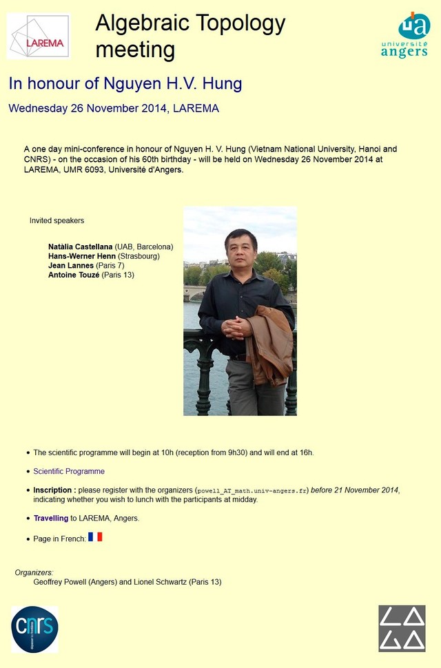 Poster hội nghị Toán học Topo Đại số kỷ niệm tuổi 60 của GS Hưng tại Pháp.