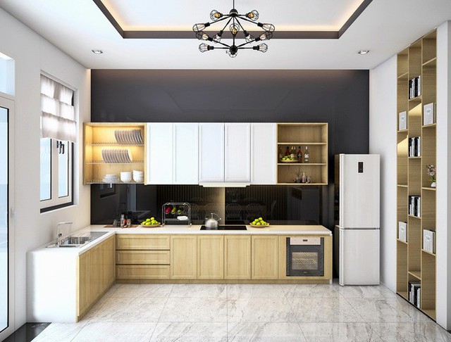 
Hệ tủ bếp kết hợp màu trắng và màu gỗ sồi tạo cho không gian ấm cúng.
