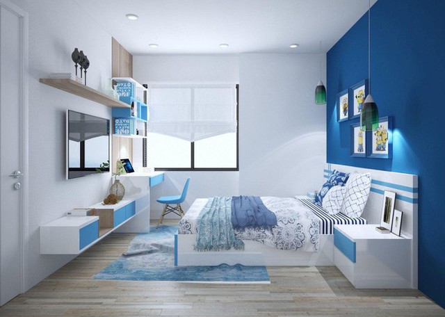 
Phòng ngủ con với gam màu xanh và trắng.
