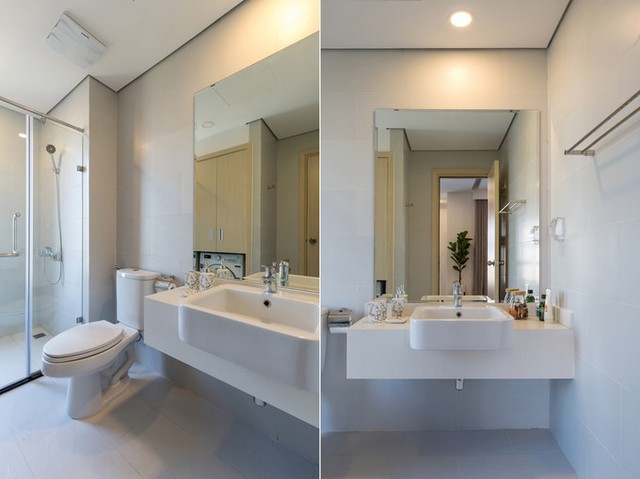 
Nhà tắm được sử dụng tông trắng hoàn toàn, tương hợp với màu chủ đạo của căn nhà.
