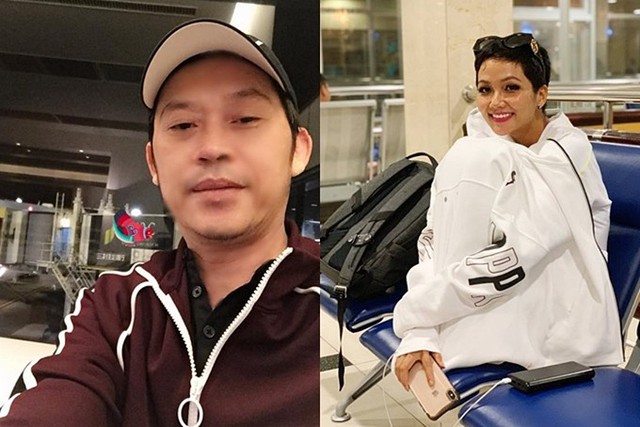 Nghệ sĩ Hoài Linh (trái) và Hoa hậu HHen Niê chia sẻ hình ảnh chờ đợi ở sân bay.
