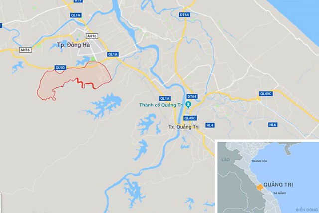 
Phường Đông Lương, TP Đông Hà (vùng khoanh đỏ) nơi ở của Nhàn. Ảnh: Google Maps.
