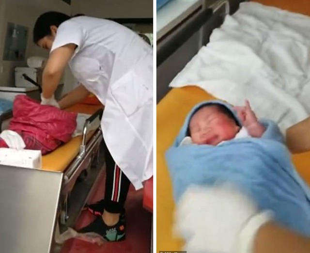 B&eacute; g&aacute;i sơ sinh được c&aacute;c b&aacute;c sĩ kiểm tra sức khỏe sau khi bị bố n&eacute;m từ v&aacute;ch n&uacute;i cao 100 m xuống ở tỉnh Quảng Đ&ocirc;ng, Trung Quốc, cuối th&aacute;ng 10. Ảnh: Live Leaks.