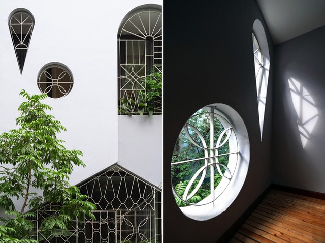Với khu đất nhỏ hẹp, kiến trúc sư Lê Minh Đức trước tiên giải quyết về ánh sáng, thông gió tự nhiên. Những khung cửa sổ lớn được đặt ở mặt tiền các tầng nhằm hút gió và ánh sáng.