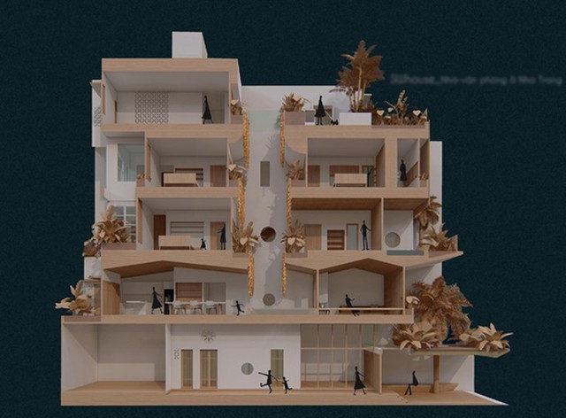 Phối cảnh 3D của căn nhà với nhiều phòng chức năng.