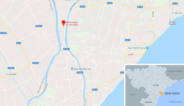 
Nhà thờ Liêu Ngạn (chấm đỏ), nơi xảy ra vụ cháy mô hình hang đá Giang sinh. Ảnh: Google Maps.
