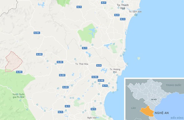 Xã Nga My (huyện Tương Dương, Nghệ An, vòng đỏ). Ảnh: Google Maps.