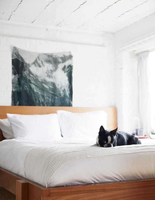 
Giường ngủ bằng gỗ nhỏ xinh, hệ thống chăn ga gối nệm với màu trắng cùng tông với tường giúp mở rộng không gian nghỉ ngơi một cách tối đa.
