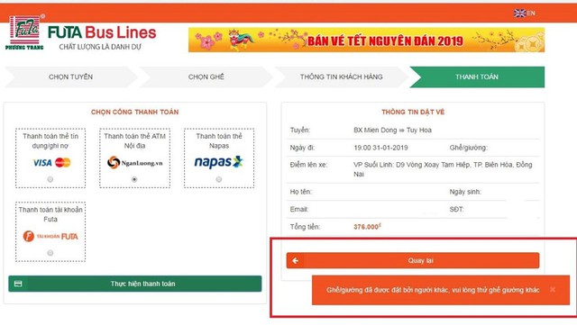 
Khách hàng mua vé online về quê dịp Tết Nguyên Đán của hãng Phương Trang đều gặp trục trặc ở bước thanh toán cuối cùng. Ảnh chụp màn hình.
