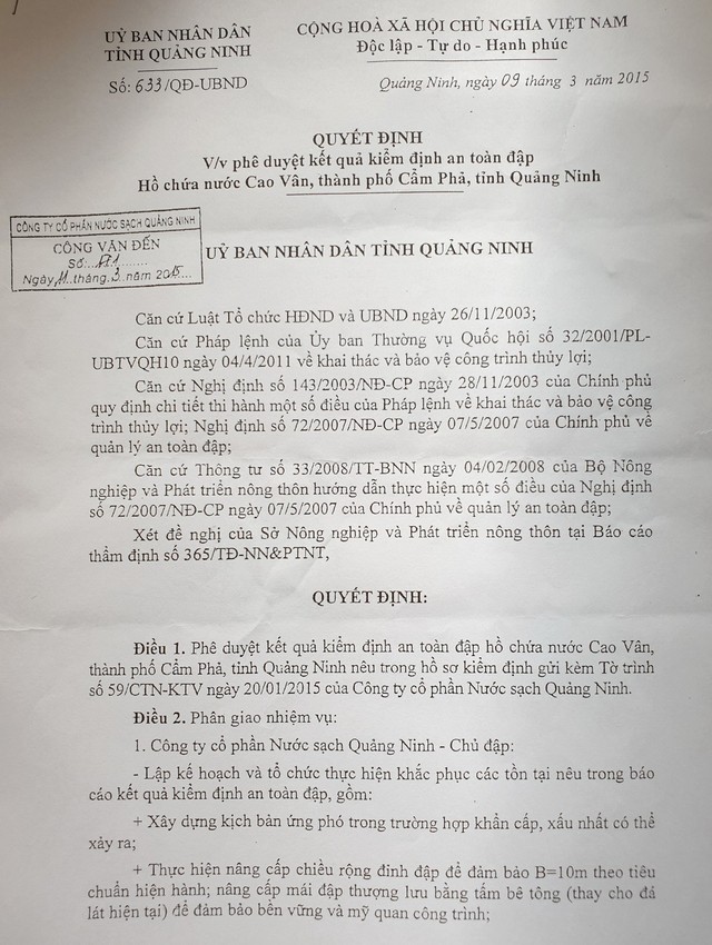 Quyết định phê duyệt kết quả kiểm định an toàn đập do UBND tỉnh Quảng Ninh ban hành.