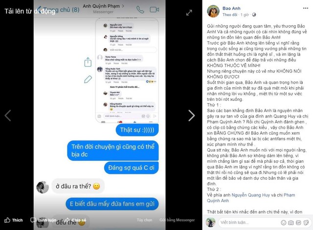 Bảo Anh đăng dòng tâm sự khá dài về tin đồn làm người thứ ba xen vào cuộc hôn nhân của Phạm Quỳnh Anh và Quang Huy
