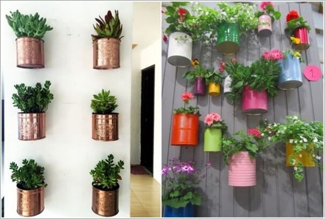 
14. Tận dụng những hộp kim loại đựng đồ ăn, sơn chúng với màu bắt mắt và treo lên tường để trồng cây cảnh, hoa lá.
