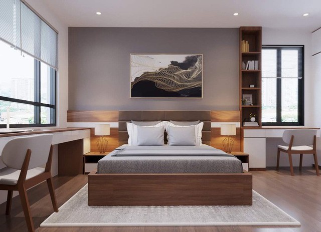 
Phòng ngủ master được thiết kế tinh tế với gam màu trầm.
