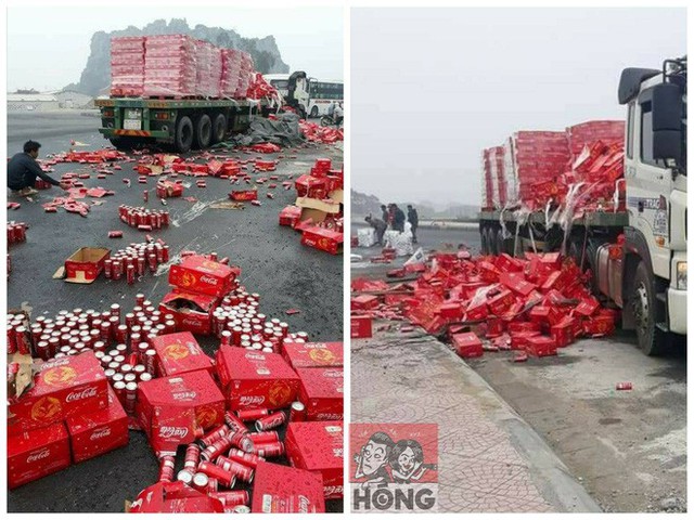 Hiện trường chiếc Container chở nước ngọt bị bung d&acirc;y chằng, rơi v&atilde;i tung t&oacute;e (Nguồn: H&oacute;ng)