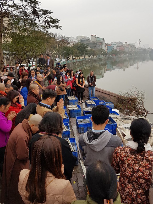 
Các phật tử trang nghiêm tụng kinh trước khi phóng sinh. Ảnh: H. D
