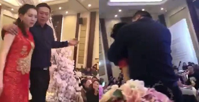 Bố ch&uacute; rể mặt đỏ tưng bừng v&igrave; say rượu cưỡng h&ocirc;n con d&acirc;u.