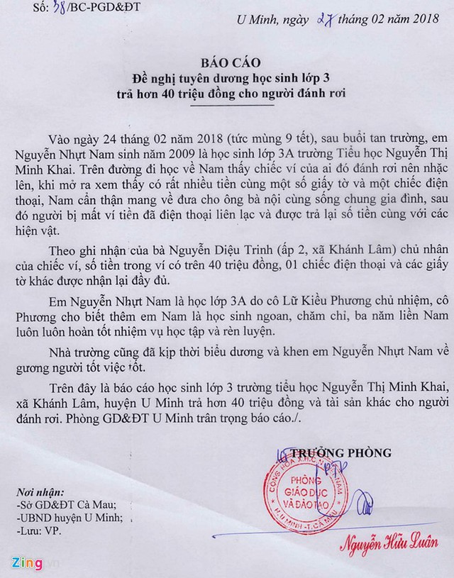 
Phòng GD&ĐT U Minh đề nghị Sở GD&ĐT Cà Mau tuyên dương Nhựt Nam. Ảnh: Việt Tường.
