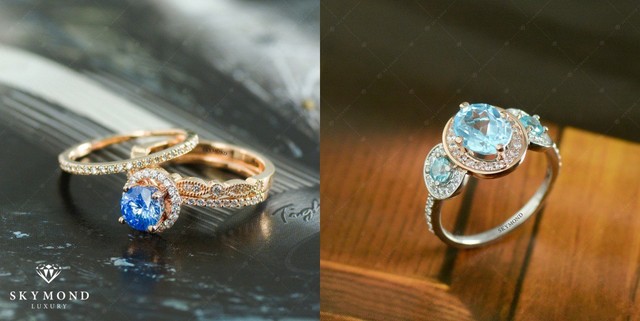 Nhẫn nữ Platin và nhẫn nữ vàng hồng gắn đá Topaz xanh biển tương hợp với quý cô mệnh Thủy