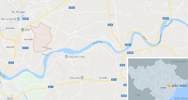 Xã Đại Đồng (ô đỏ) nơi xảy ra vụ việc. Ảnh: Google Maps.