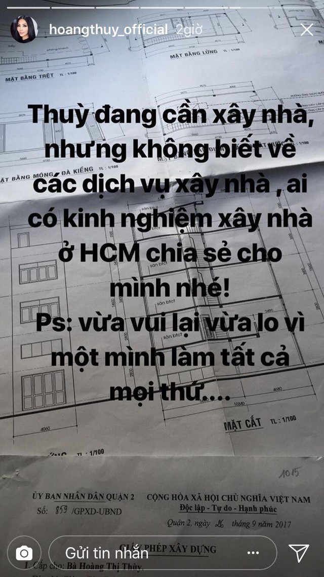 Hoàng Thuỳ nhờ mọi người kiếm giúp nhà thầu để xây nhà.