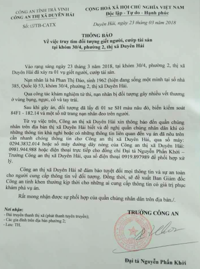 Thông báo của cơ quan Công an.