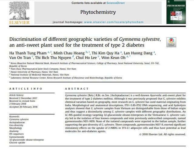 Tạp chí Phytochemistry – tạp chí hàng đầu thế giới của Hiệp hội Thực vật Hóa học Châu Âu và Hiệp hội Thực vật Hóa học Bắc Mỹ công bố nghiên cứu tìm ra 9 hoạt chất mới từ Dây thìa canh Việt Nam.