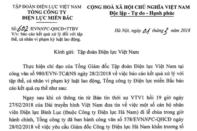 
Tổng công ty Điện lực Miền Bắc báo cáo Tập đoàn Điện lực Việt Nam vụ việc xảy ra ở Hà Nam.

