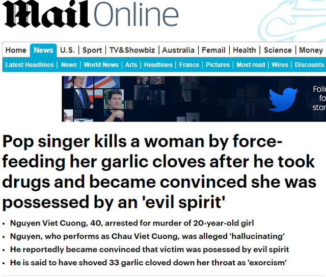 Daily Mail đưa tin về vụ án có liên quan đến ca sĩ Châu Việt Cường.