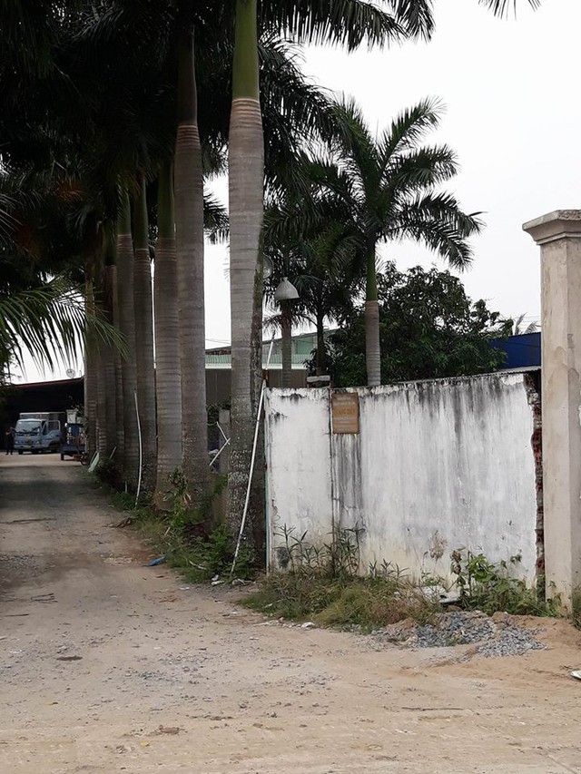 Biển hiệu công ty Quang Tiến nằm khiêm tốn trên bức tường rào phải lại gần mới nhìn rõ