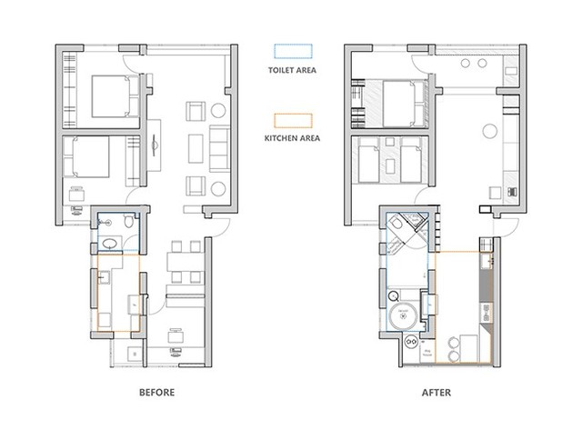 Bản vẽ trước và sau khi sửa của căn hộ.
