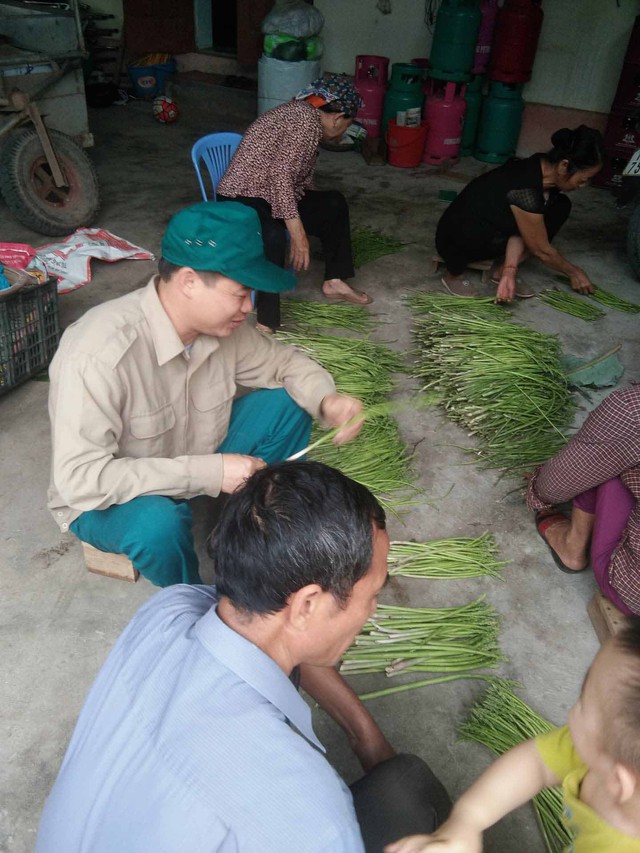 Trần Văn Chung (đội mũ) ngồi sơ chế, đóng gói măng tây xanh với nhân công.
