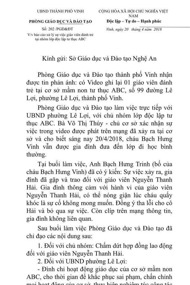 Báo cáo của Phòng GD&ĐT TP Vinh liên quan đến sự việc.